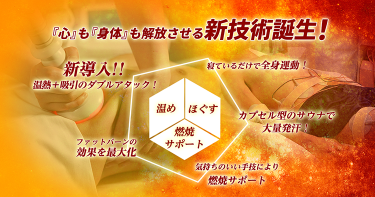 『心』も『身体』も解放させる新技術誕生！ 新導入！！温熱+吸引のダブルアタック！ 寝ているだけで全身運動！ カプセル型のサウナで大量発汗！ 気持ちのいい手技により燃焼サポート ファットバーンの効果を最大化 温め ほぐす 燃焼サポート
