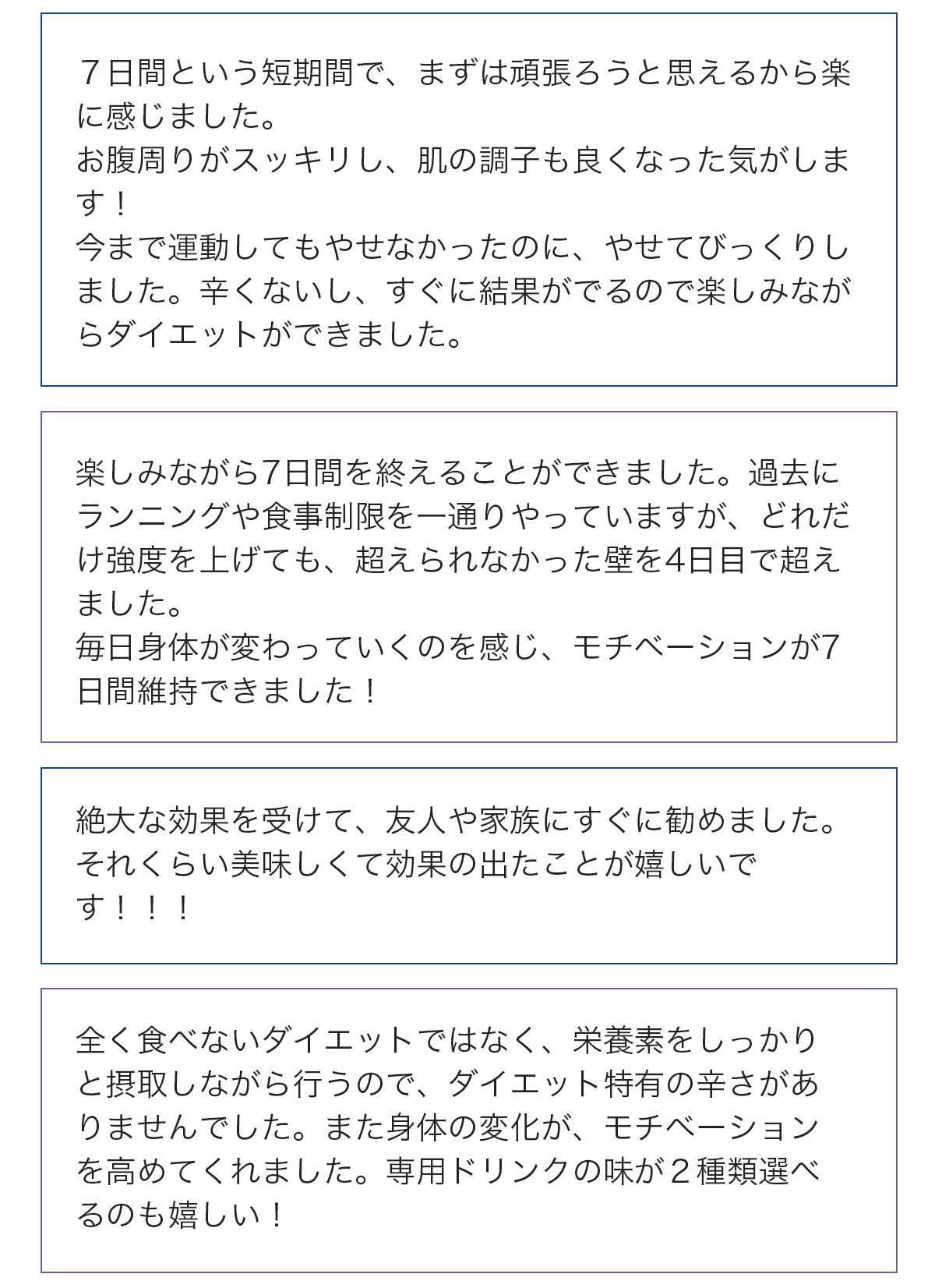 ７日間という短期間で、まずは頑張ろうと思えるから楽に感じました。お腹周りがスッキリし、肌の調子も良くなった気がします！今まで運動してもやせなかったのに、やせてびっくりしました。辛くないし、すぐに結果がでるので楽しみながらダイエットができました。…