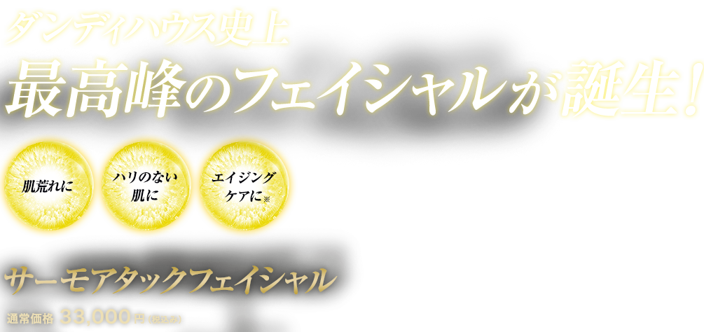 ダンディハウス史上最高峰のフェイシャルコース誕生　素肌にハリと透明感を　サーモフェイシャルアタック　通常価格33,000円(税込み)