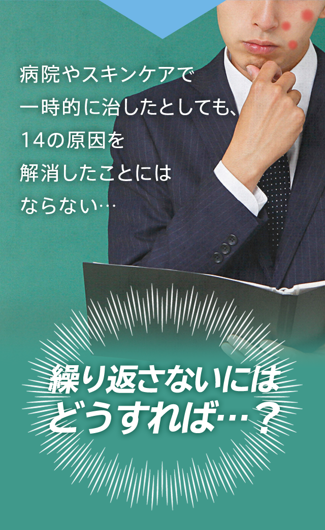 病院やスキンケアで 一時的に治したとしても、14の原因を解消したことにはならない… 繰り返さないにはどうすれば…?