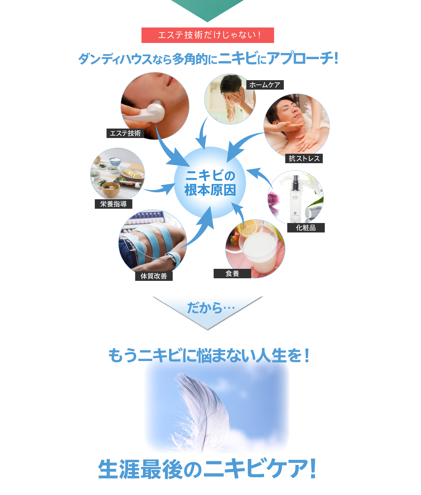 エステ技術だけじゃない! ダンディハウスなら多角的にニキビにアプローチ! だから… もうニキビに悩まない人生を!生涯最後のニキビケア!